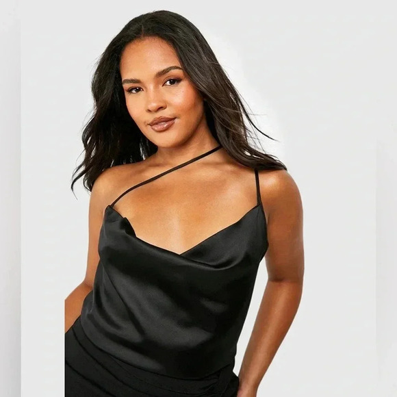 Boohoo PLUS ASYMMETRIC SATIN COWL CAMISOLE Black Size 14 NWT - Picture 1 of 9